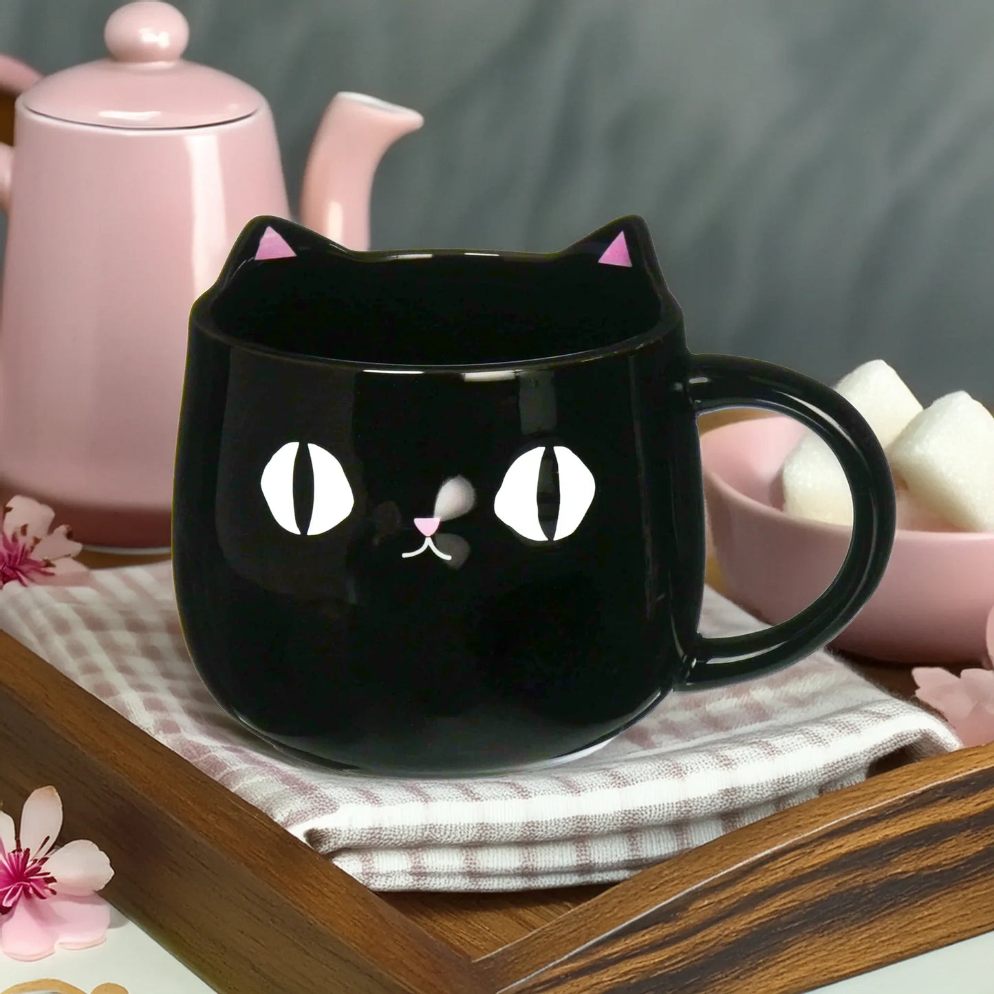 Front view of Kuro Black Cat Mug with 3D pink ears and black cat face – Nyan-ya Series from Japan