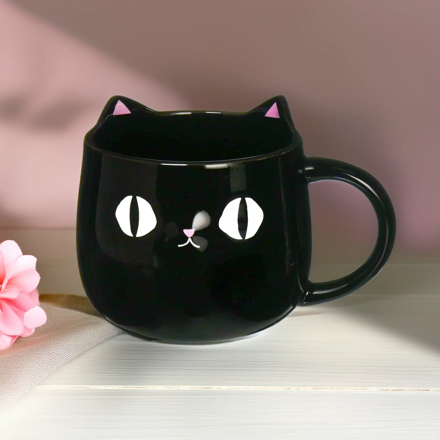 Front view of Kuro Black Cat Mug with 3D pink ears and black cat face – Nyan-ya Series from Japan