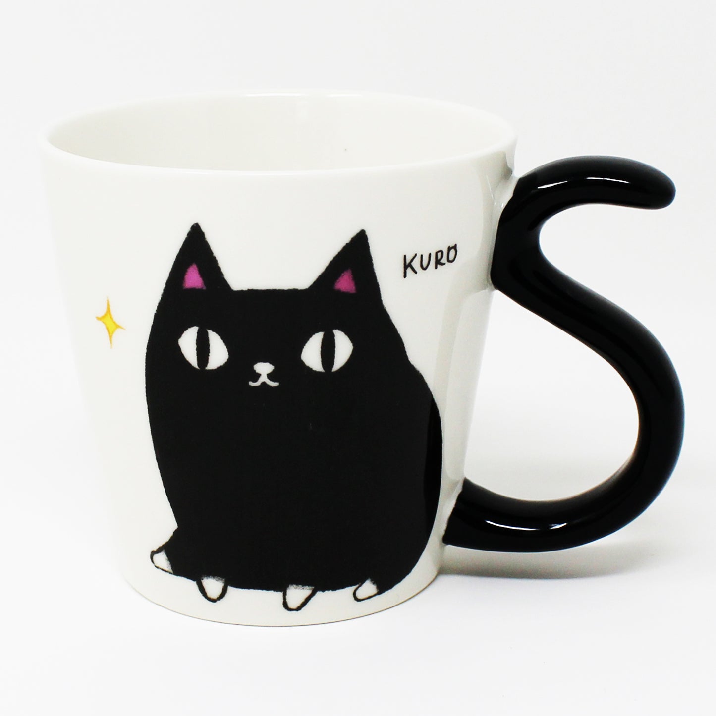 Front view of Kuro the black cat porcelain mug with tail-shaped handle – Nyan-ya Series from Japan