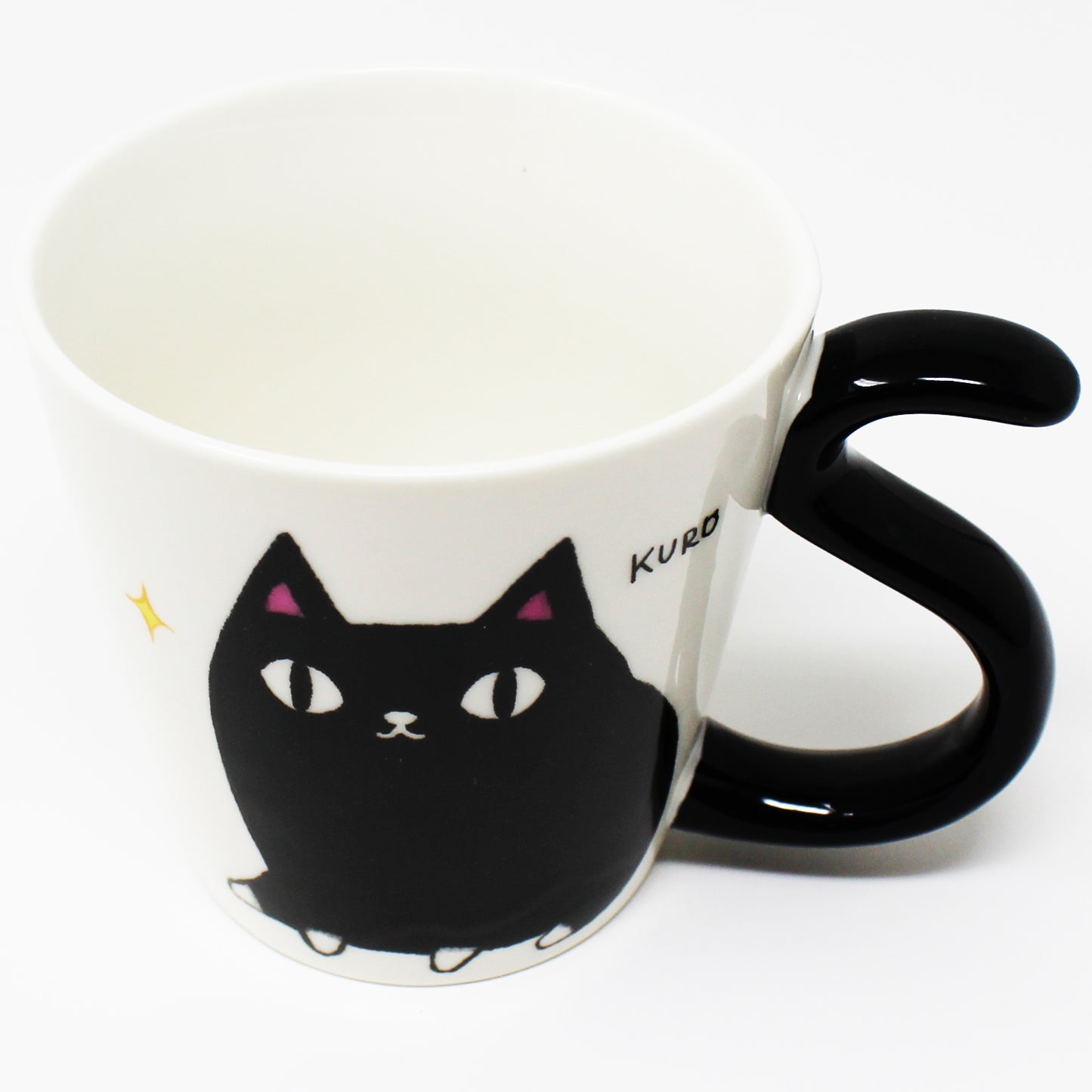Top-down view of Kuro the black cat mug showing round rim and glossy white porcelain interior