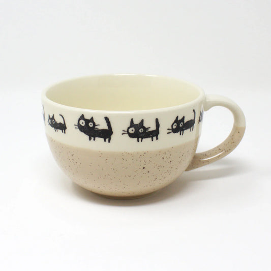 Handmade beige Japanese soup cup with black cat illustrations – Kuroneko Mino Ware from Japan