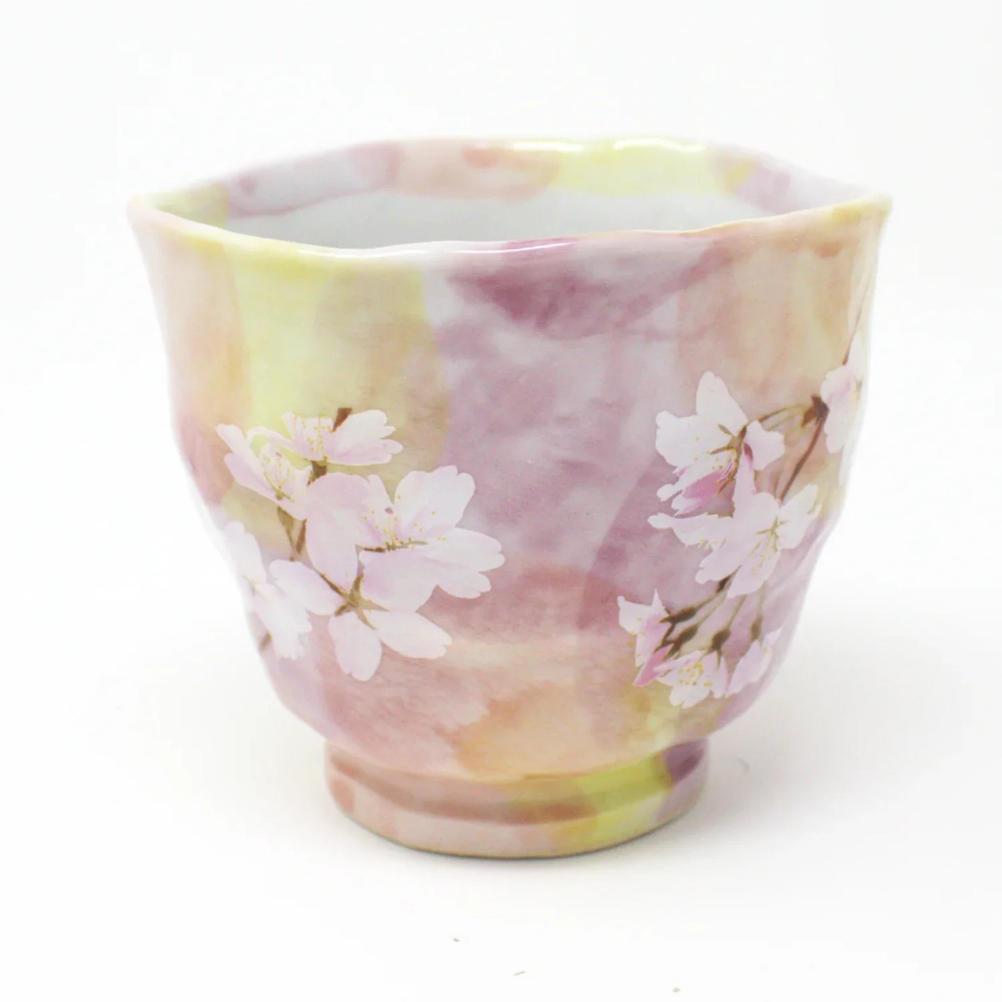 Side view of Hanagasumi Mino Ware Yunomi teacup featuring soft pink and yellow hues with delicate cherry blossom branches, made in Japan.