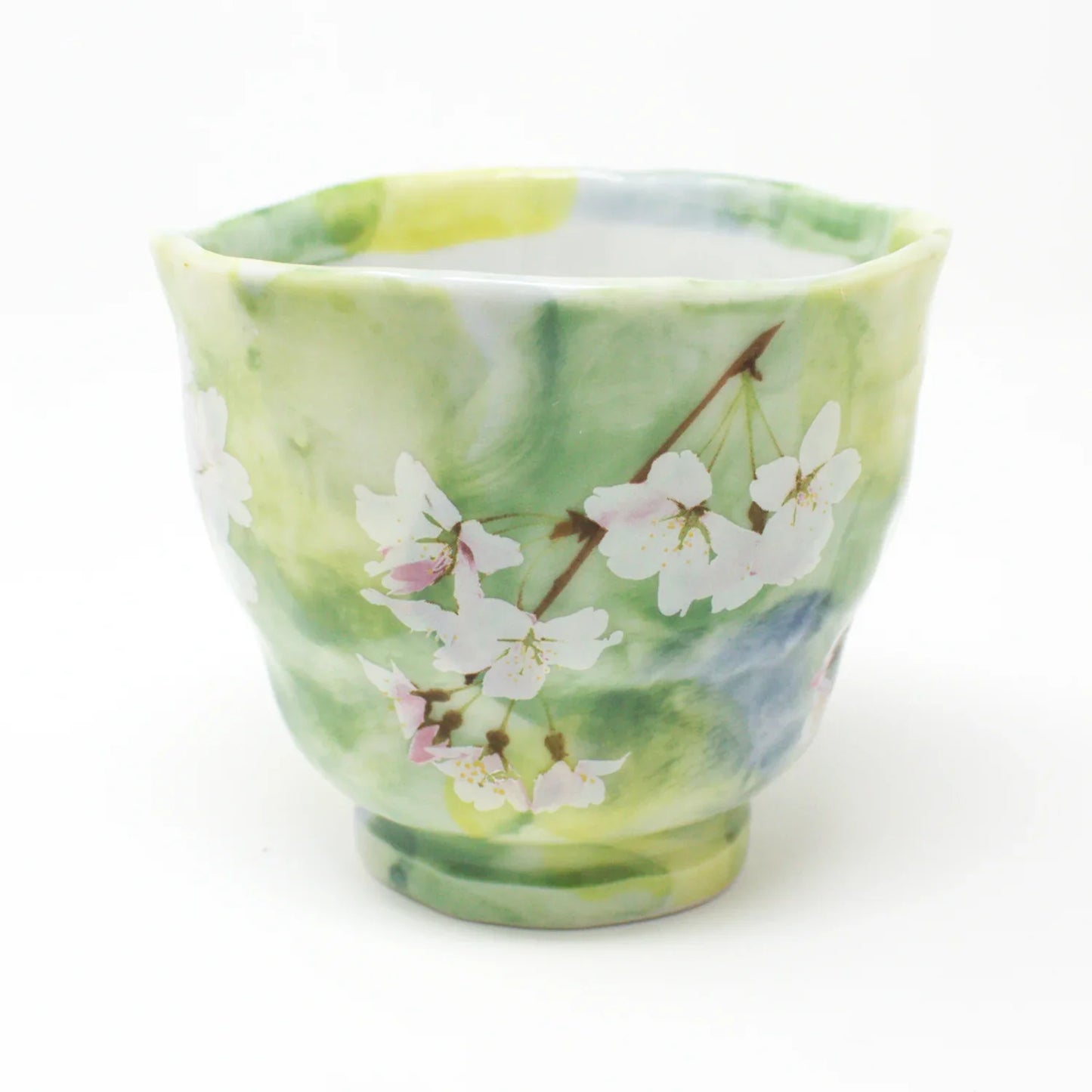 Hanagasumi Mino Ware Yunomi Teacup - Green Cherry Blossom Japanese Porcelain Cup, Made in Japan