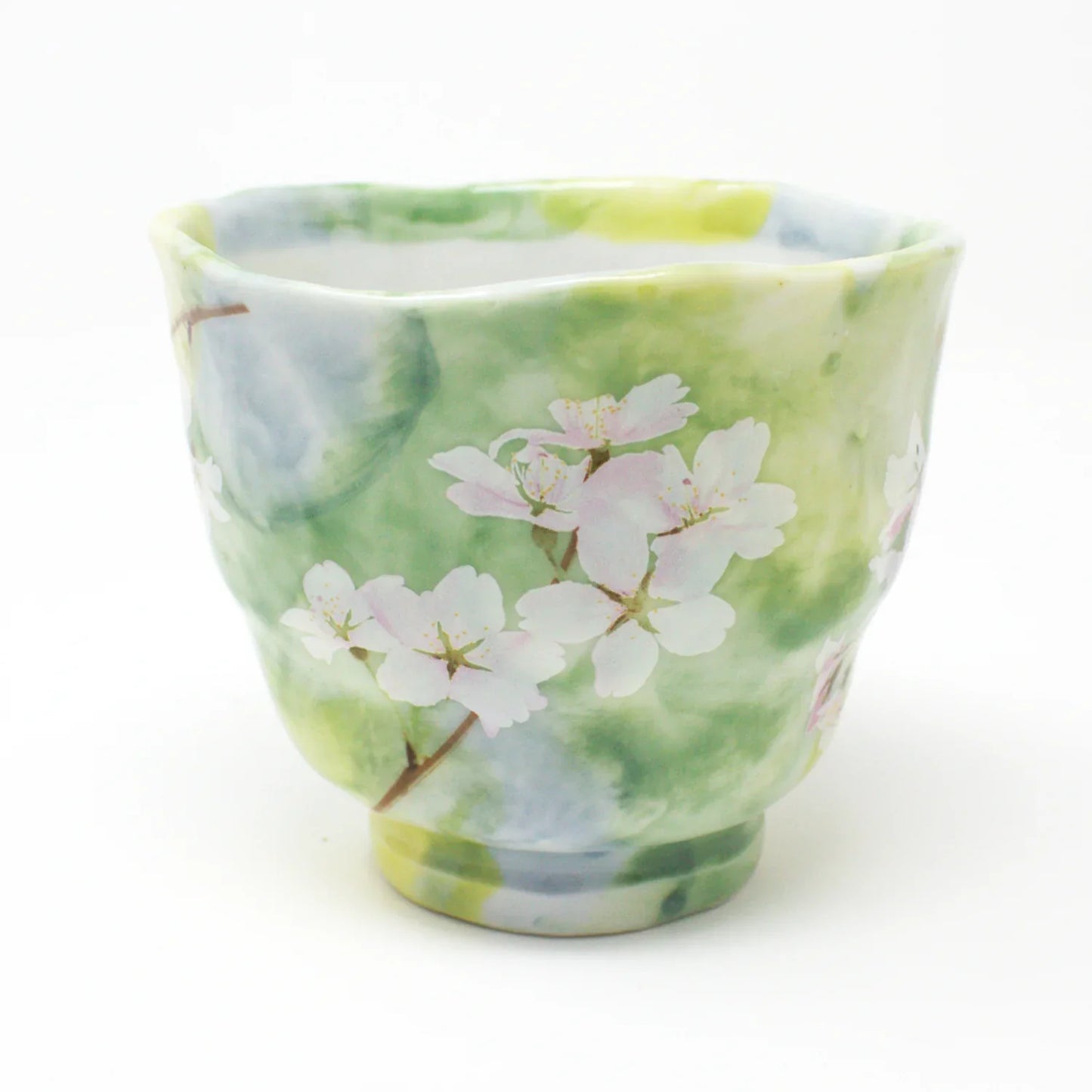 Hanagasumi Mino Ware Yunomi Teacup - Green Cherry Blossom Japanese Porcelain Cup, Made in Japan