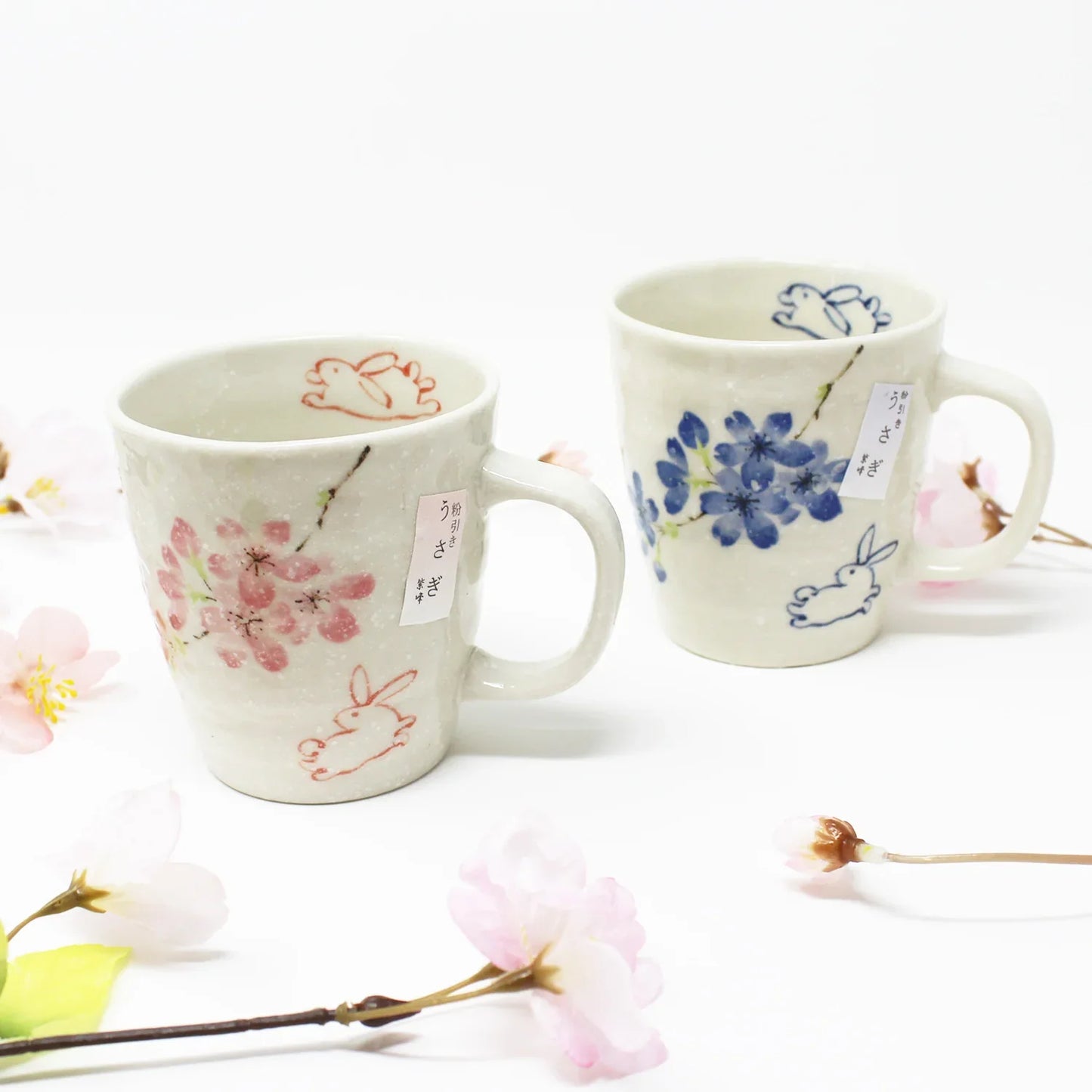 Mino Ware Sakura Rabbit Mug Pair Gift Set - Japanese Handmade Ceramic Cups | Made in Japan