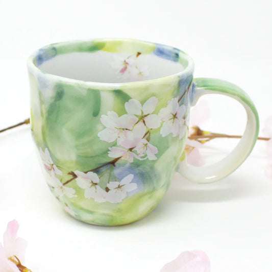 Cherry Blossom Mug - Mino Ware Japanese Ceramic Cup | Green Sakura Floral Design - Hanagasumi