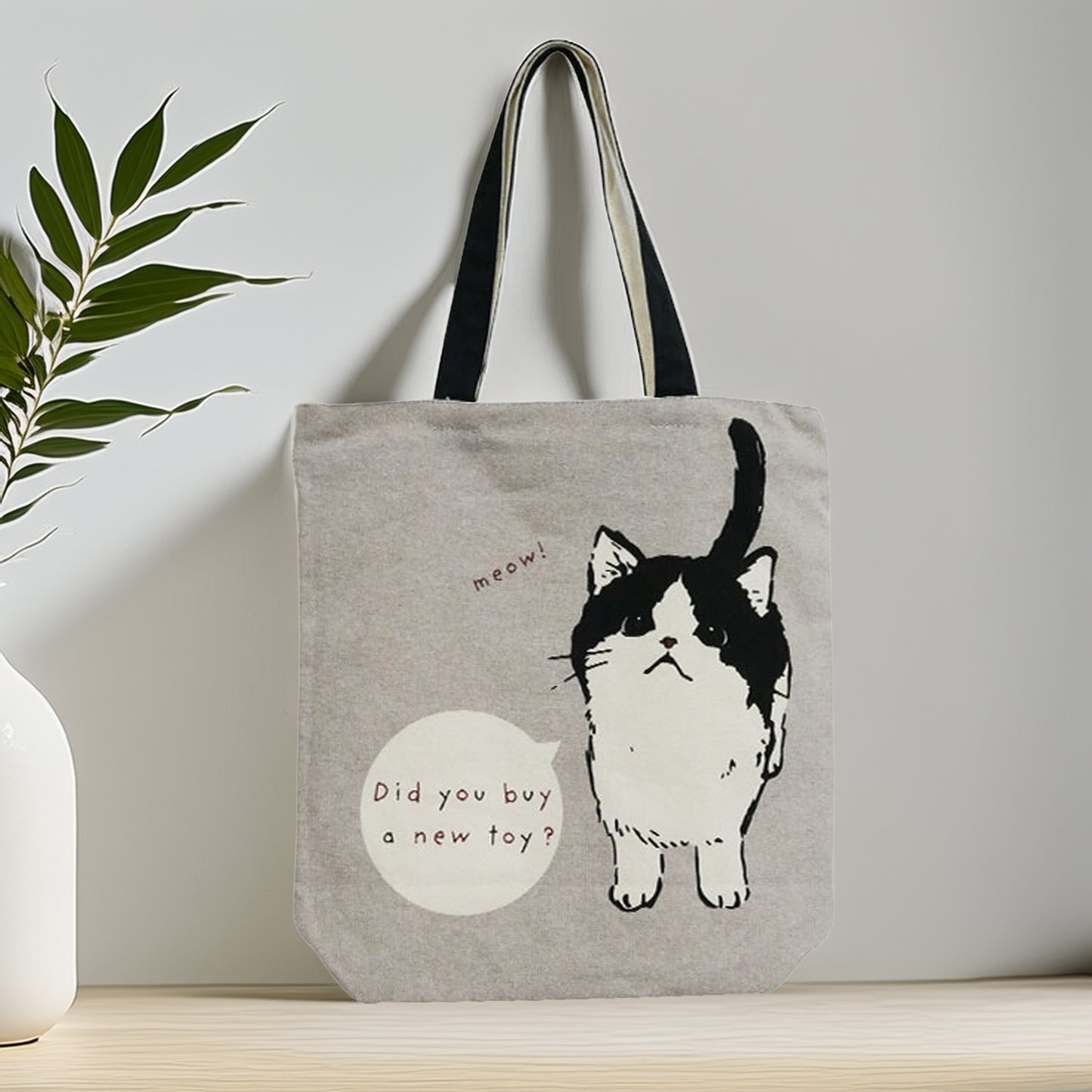 Mamehachi Black & White Cat Tall Vertical Canvas Tote Bag (Gray) – Zip-Top + Inner Pocket by Julymoon