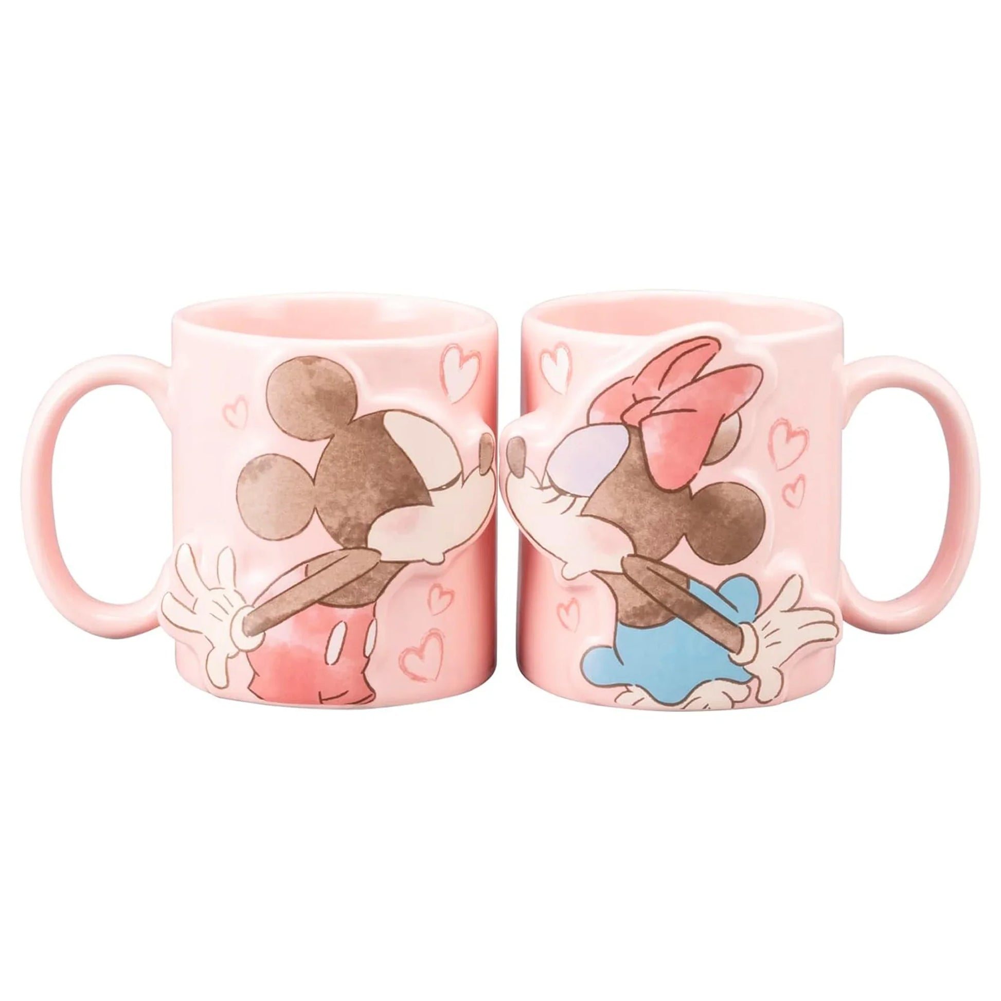 Disney Mickey and Minnie soft pink porcelain couple mug set in original gift box – kissing design with heart handles and romantic back text