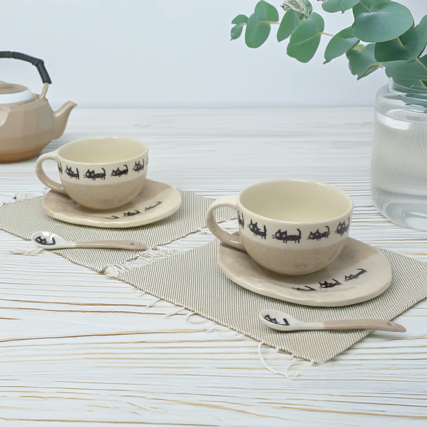 Handmade Japanese Mino Ware soup cup, spoon, and plate set with black cat illustrations – matching beige ceramic kitchenware gift for cat lovers