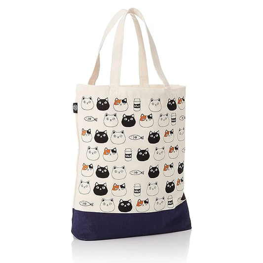Canvas tote bag with cute cat faces of Shiro, Kuro, and Mike from the Nyan-ya series, and inner pocket – perfect for cat lovers.