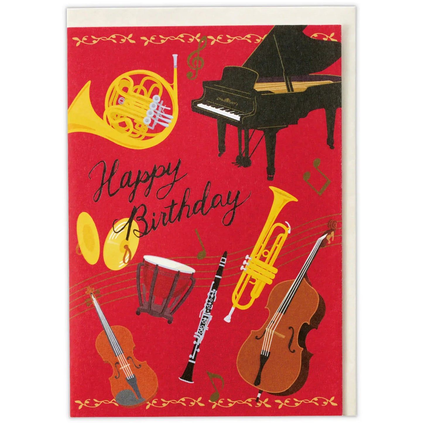 Birthday card with musical instruments on a red background