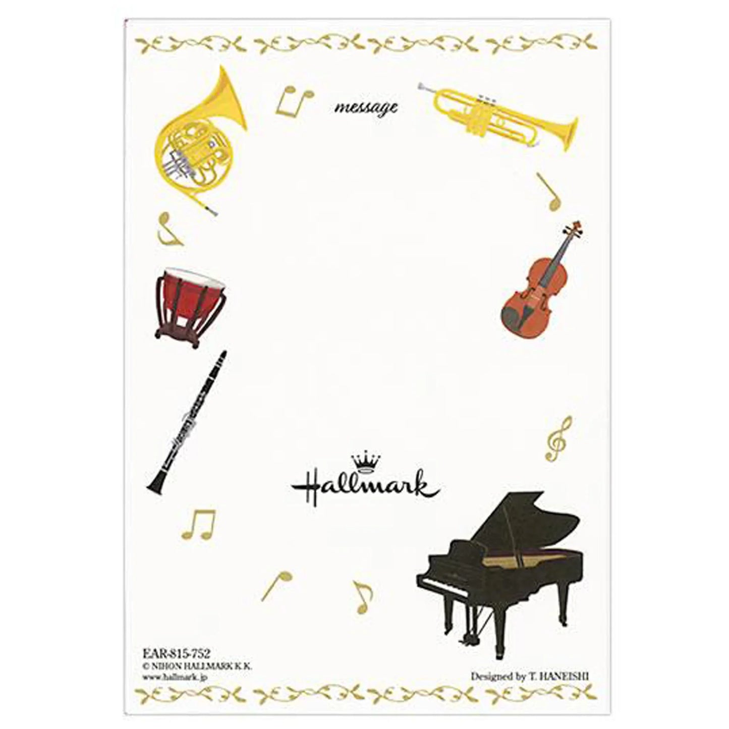 Notepad with musical instrument illustrations and Hallmark logo on a white background