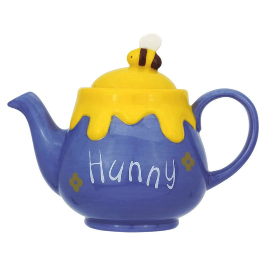 Purple teapot with yellow lid featuring a bee and the word 'Hunny'