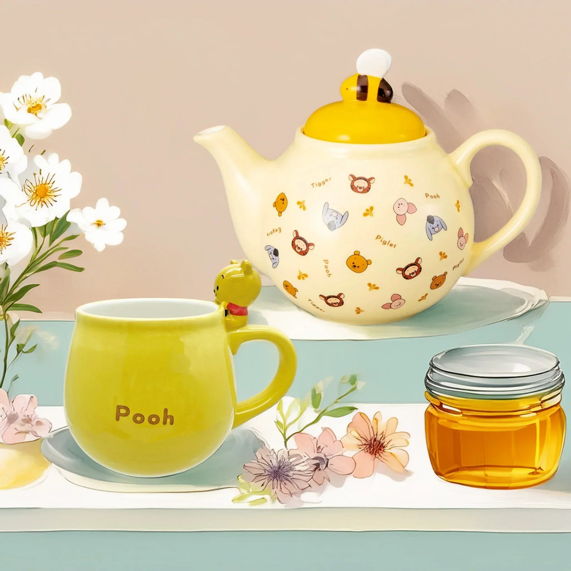 Yellow teapot with Disney Winnie the pooh prints, matching mug, and small jar on a light blue surface with flowers.