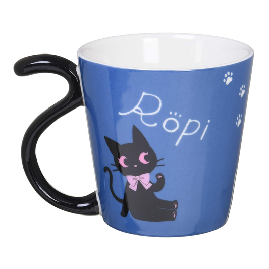 Back view of Nyanya Ropi blue mug showing Ropi cat artwork and name with glossy finish and tail handle