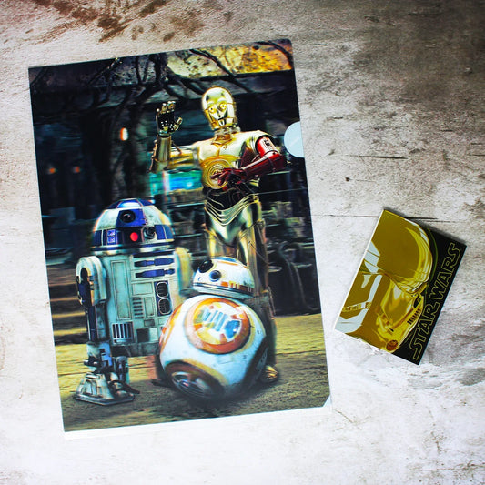 Star Wars stationery gift set featuring gold Stormtrooper memo pad and 3D clear file with C-3PO, R2-D2, and BB-8 – Made in Japan