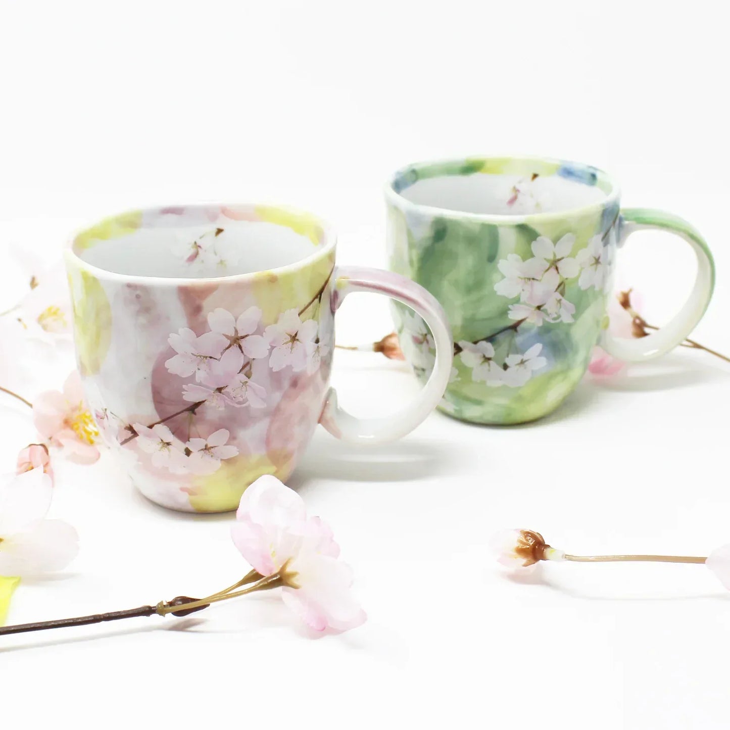 Cherry Blossom Mug - Mino Ware Japanese Ceramic Cup | Green Sakura Floral Design - Hanagasumi