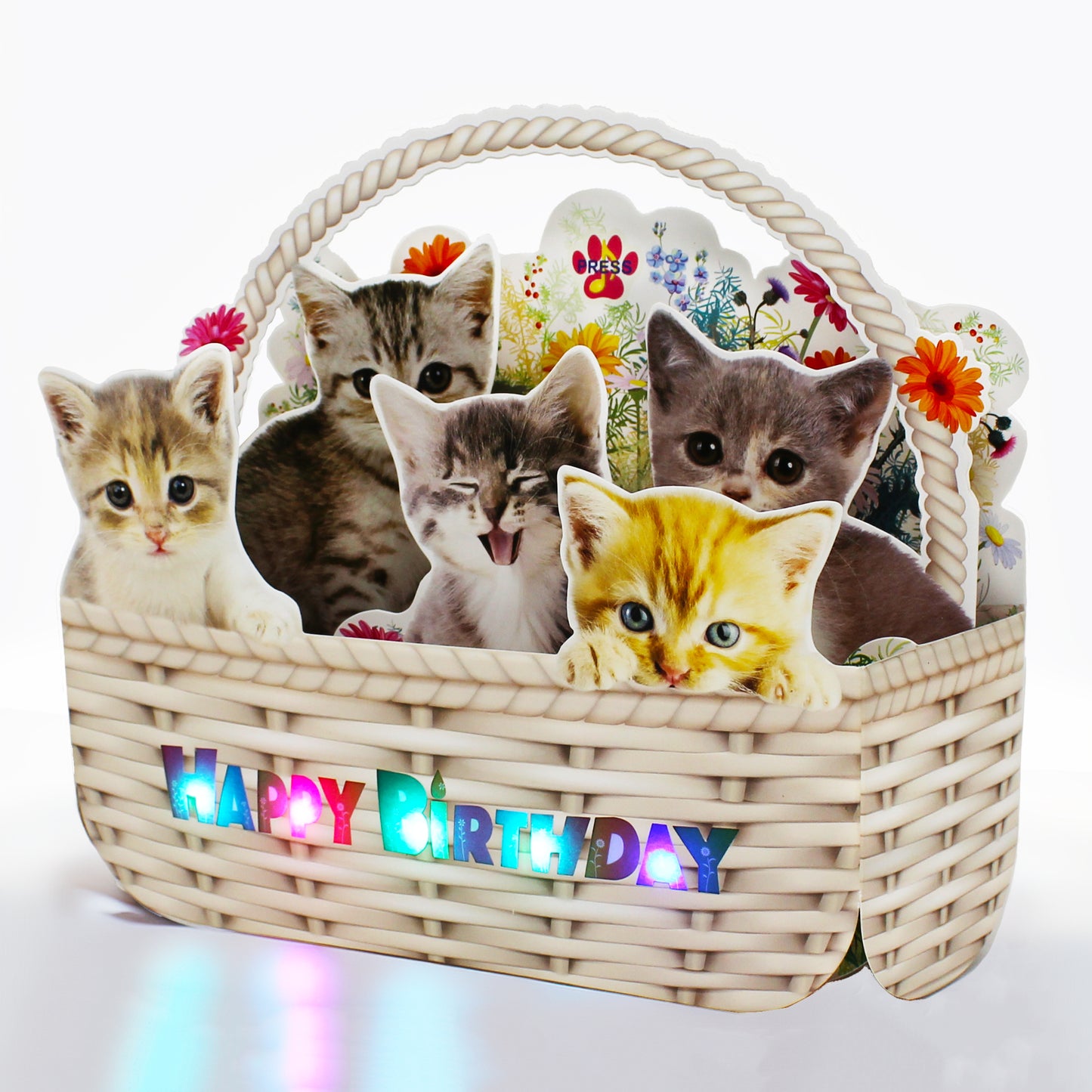 Kittens in Flower Basket Pop-Up Birthday Card with Lights & Dual Melodies (Meow & Violin)