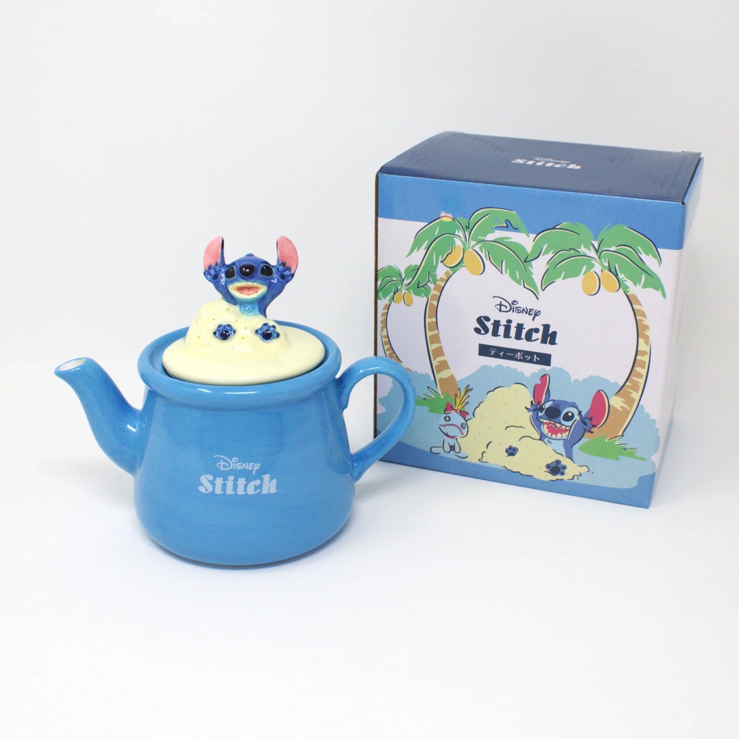 Disney Lilo & Stitch porcelain teapot with 3D Stitch figure on lid, blue design, includes themed gift box