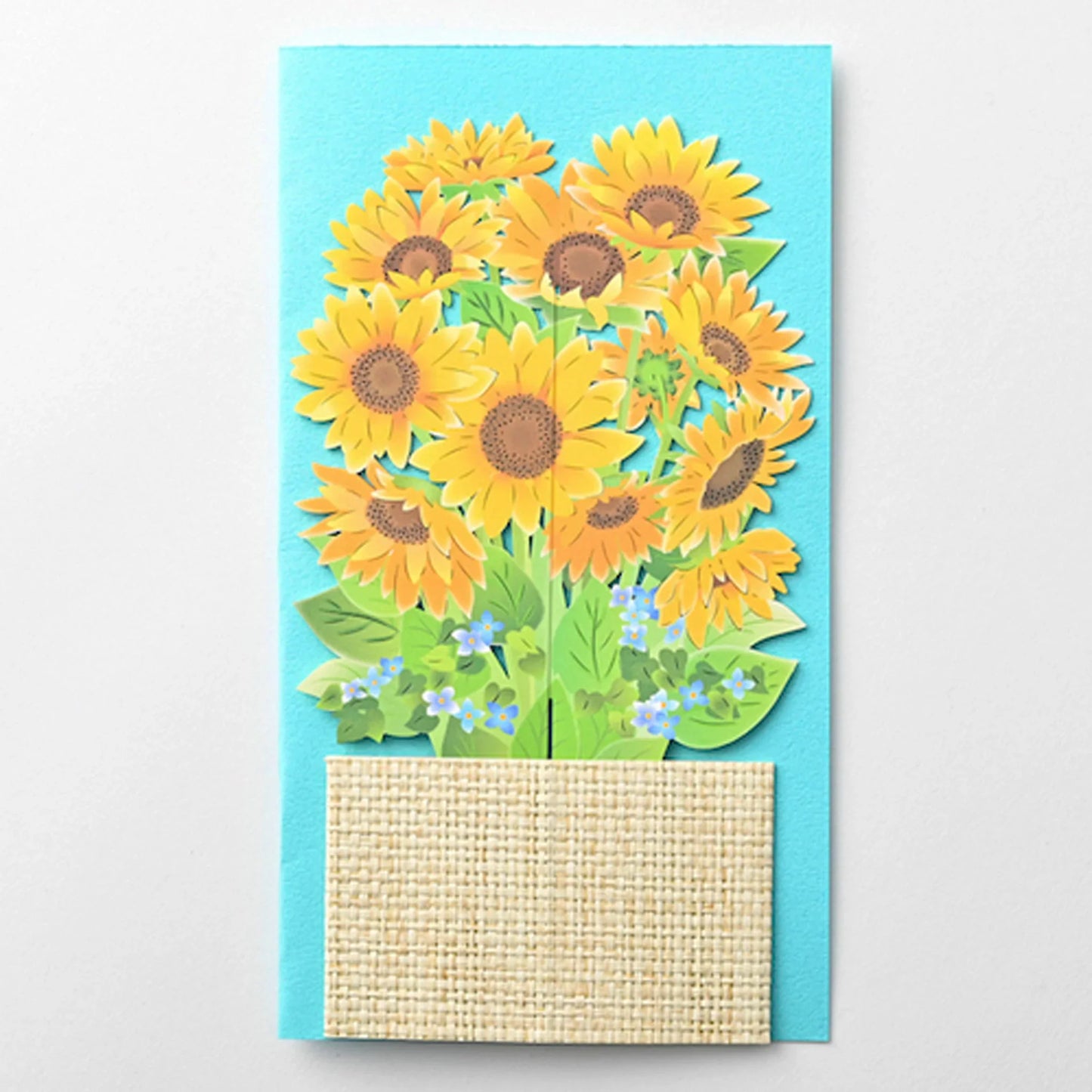 Sunflower 3D pop-up greeting card with vibrant yellow petals, laser-cut floral design, and stand-up display, includes message card for birthdays or any occasion