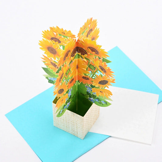 Sunflower 3D pop-up greeting card with vibrant yellow petals, laser-cut floral design, and stand-up display, includes message card for birthdays or any occasion
