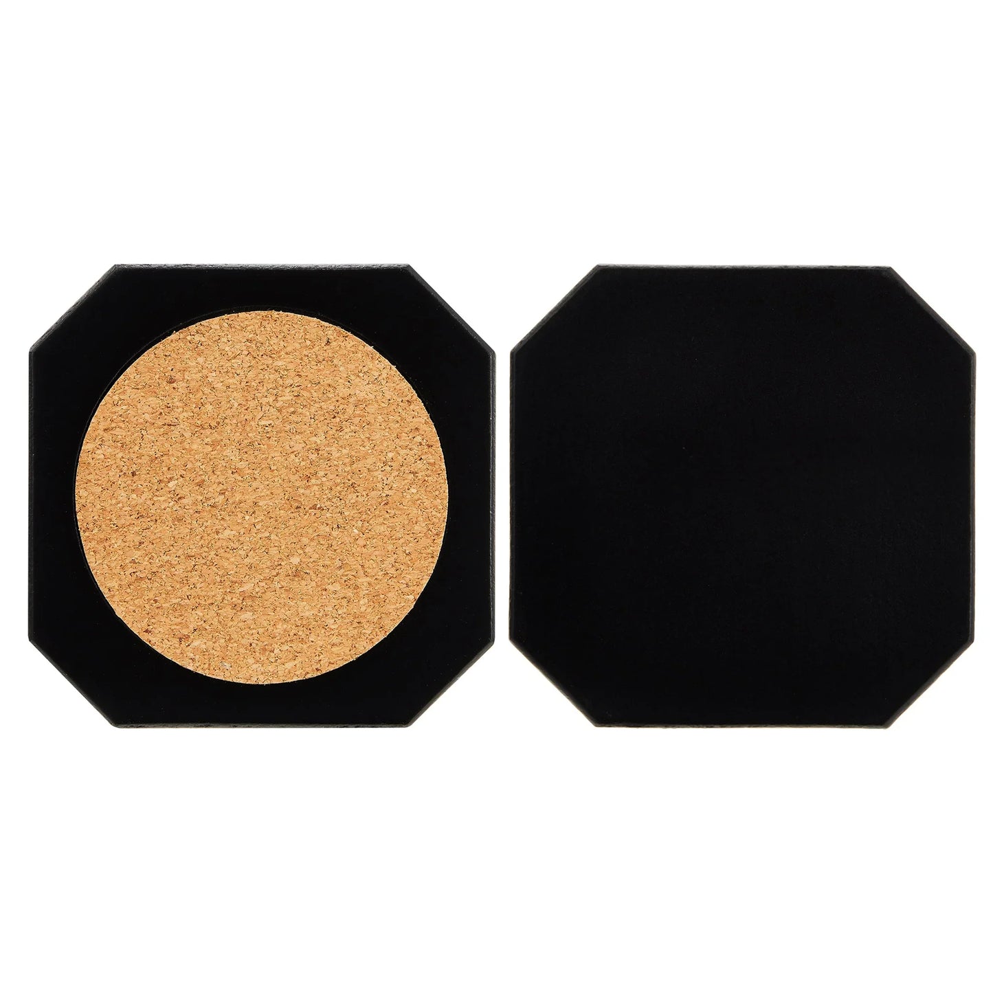 Two octagonal coasters with one featuring a cork surface and the other black.