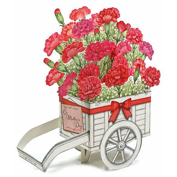 Carnation Wagon Bouquet 3D Pop-Up Mother’s Day Card – Elegant Floral Wheelbarrow Design - Miss Girlie Girl