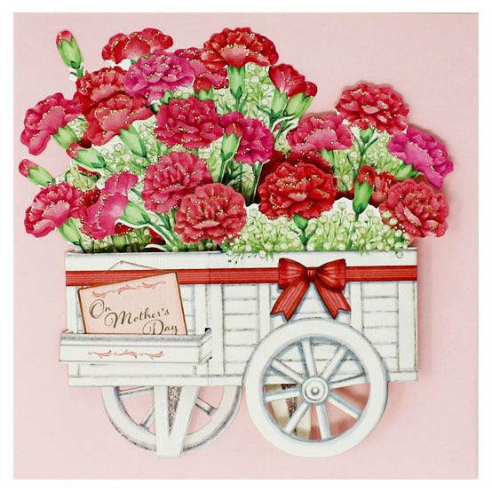 Carnation Wagon Bouquet 3D Pop-Up Mother’s Day Card – Elegant Floral Wheelbarrow Design - Miss Girlie Girl
