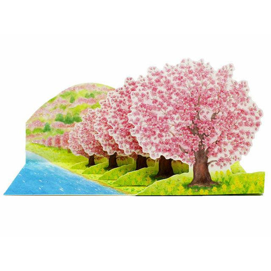 Cherry Blossoms on Riverside Pop-Up Greeting Card – Glitter Floral Design for Any Occasion - Miss Girlie Girl