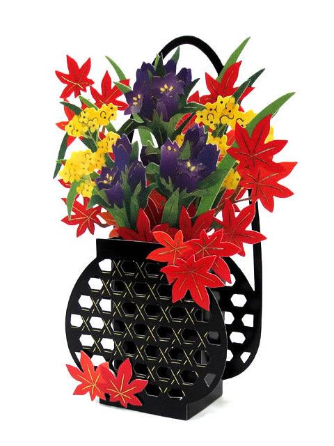 Flower in Vase Autumn Pop-Up Greeting Card – Fall Blooms, Purple Gentian, Yellow Leaves - Miss Girlie Girl