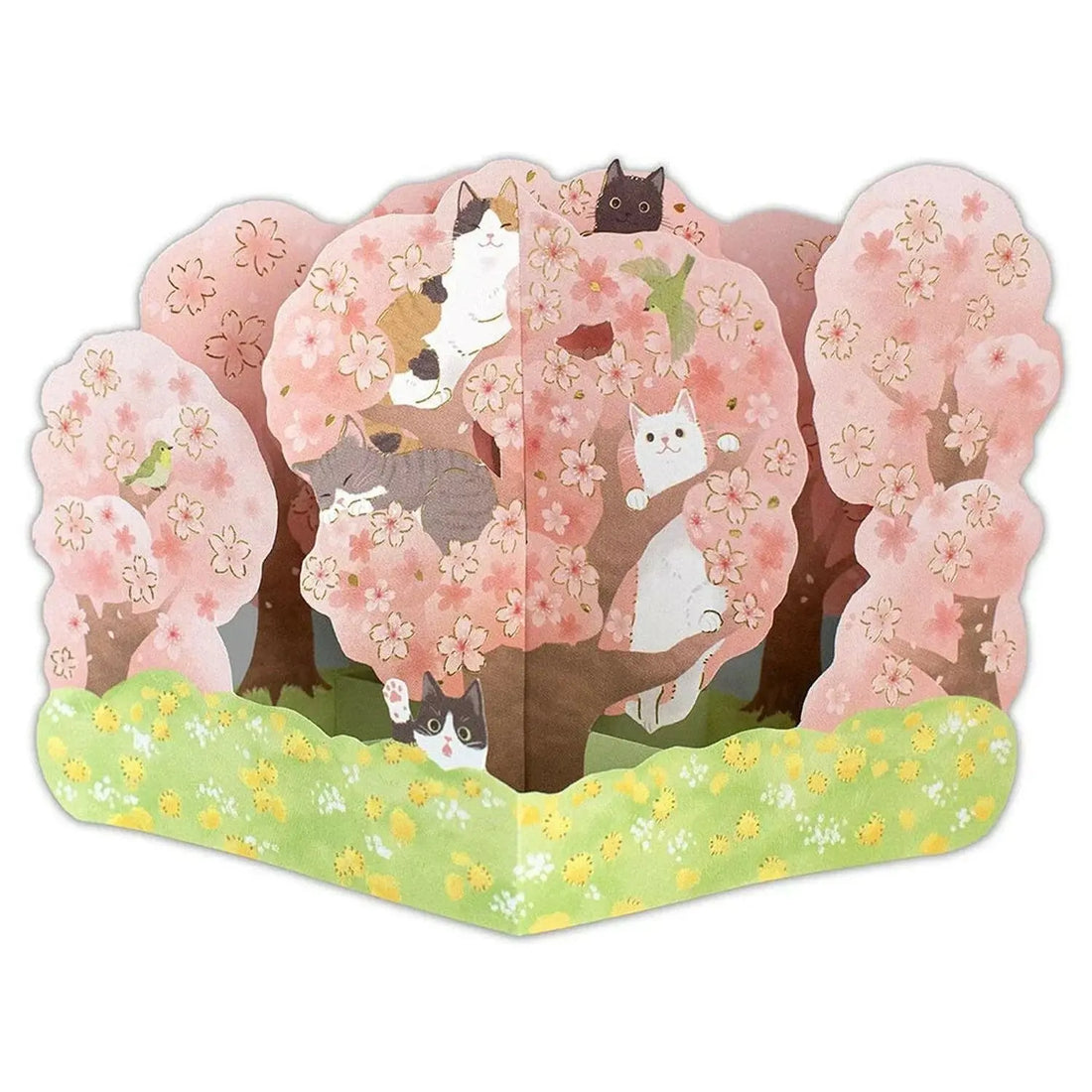 Cat & Cherry Blossoms 3D Pop-Up Card – Made in Japan, Gold Foil Sakura Design