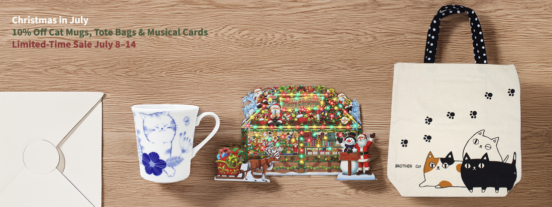 🎄 Christmas in July Sale – 10% Off Cat Mugs, Tote Bags & Musical Cards!