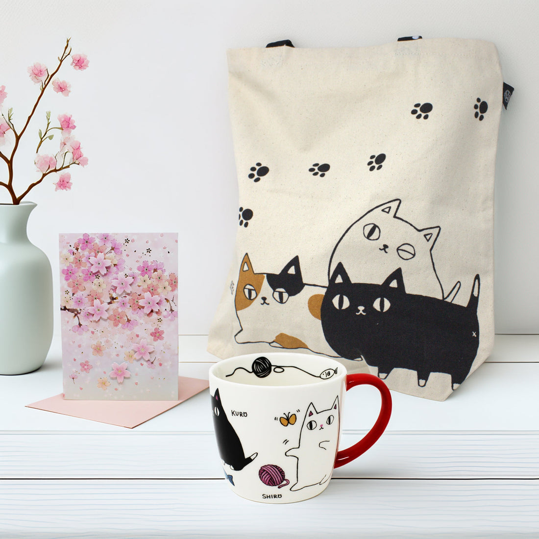 Spring Romance Gift Set: 3 Cat Brothers Favorite Foods Mug + Tote + Cherry Blossom Pop-Up Card