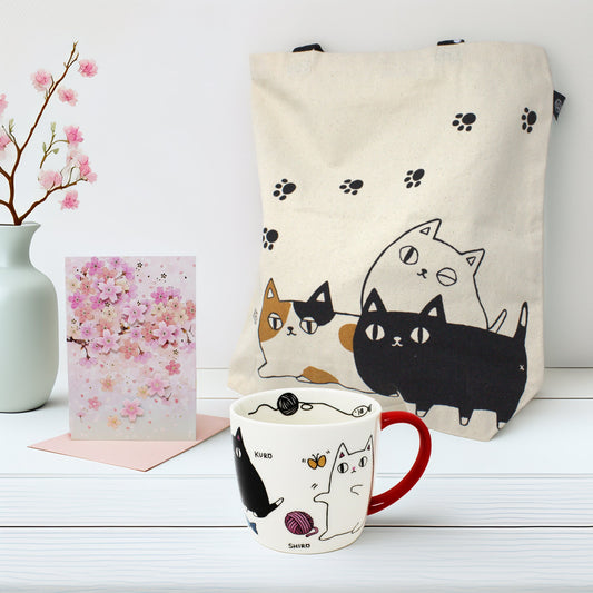 Spring Romance Gift Set: 3 Cat Brothers Favorite Foods Mug + Tote + Cherry Blossom Pop-Up Card