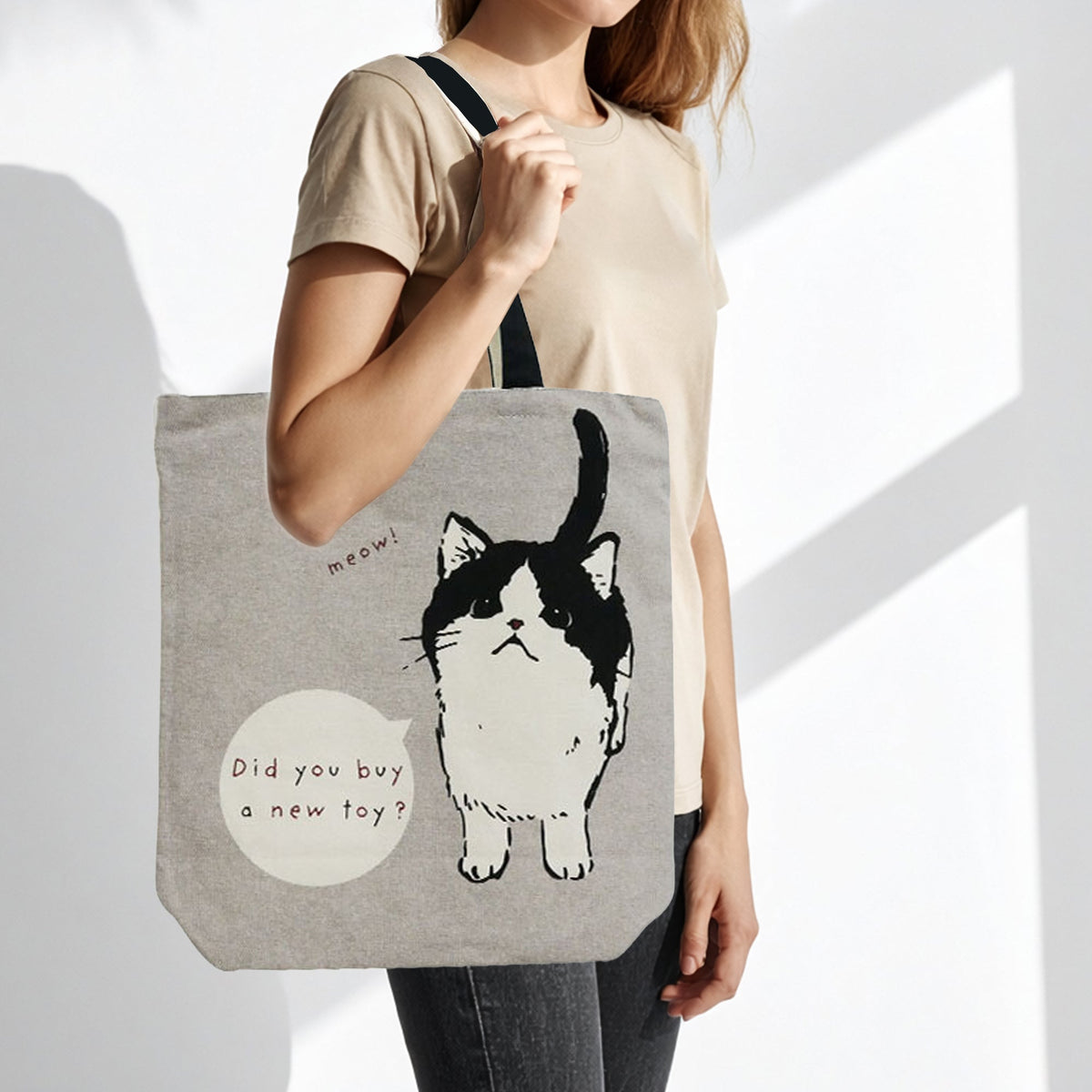 Mamehachi Black & White Cat Tall Vertical Canvas Tote Bag (Gray) – Zip-Top + Inner Pocket by Julymoon