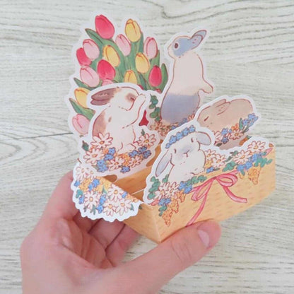 🐰 Rabbit Pop-Up Card – 3D Spring & Easter Wicker Basket with Tulips – Made in Japan - Miss Girlie Girl