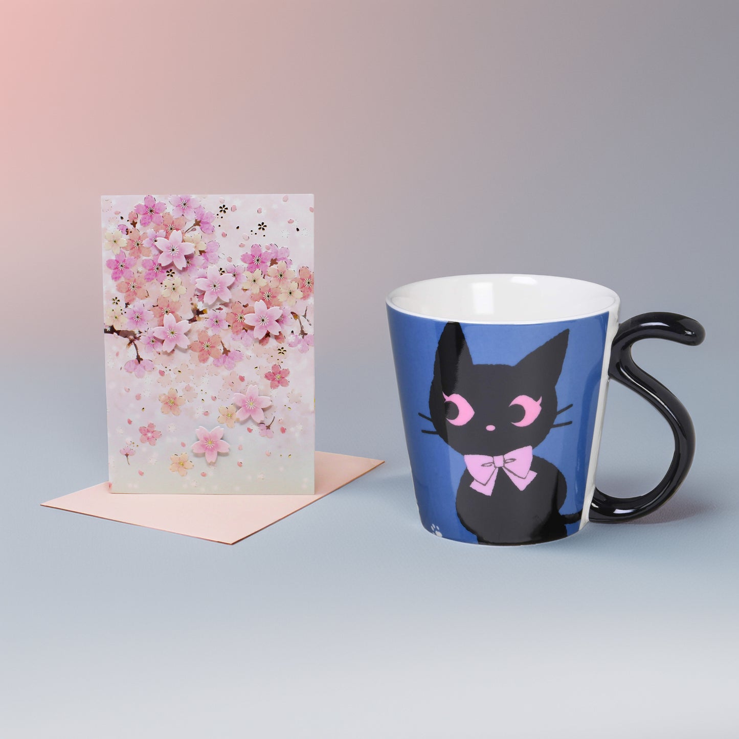 Cat Lover Valentine Gift Set – Ropi Blue Tail Handle Mug + Cherry Blossom Embossed Card