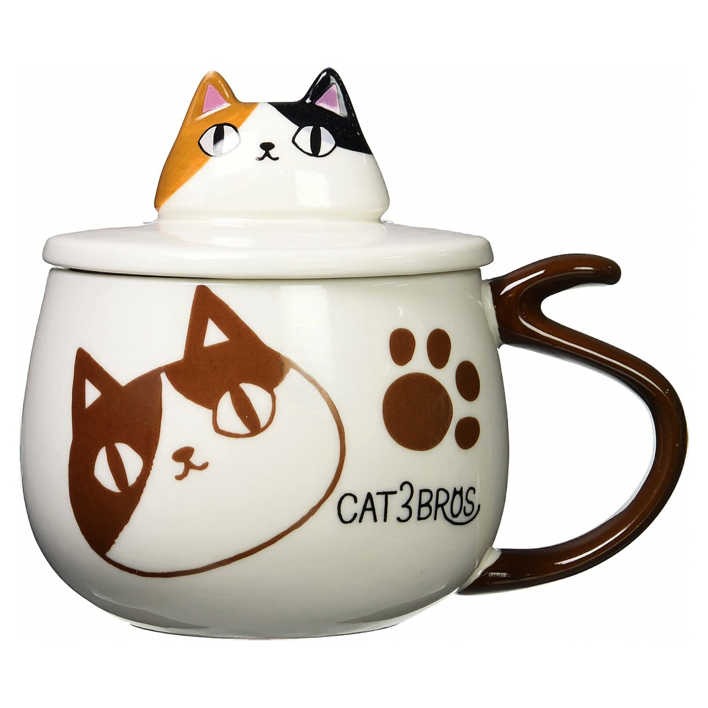 3 Cat Brothers Mike mug with ceramic lid featuring sculpted calico cat top and tail handle