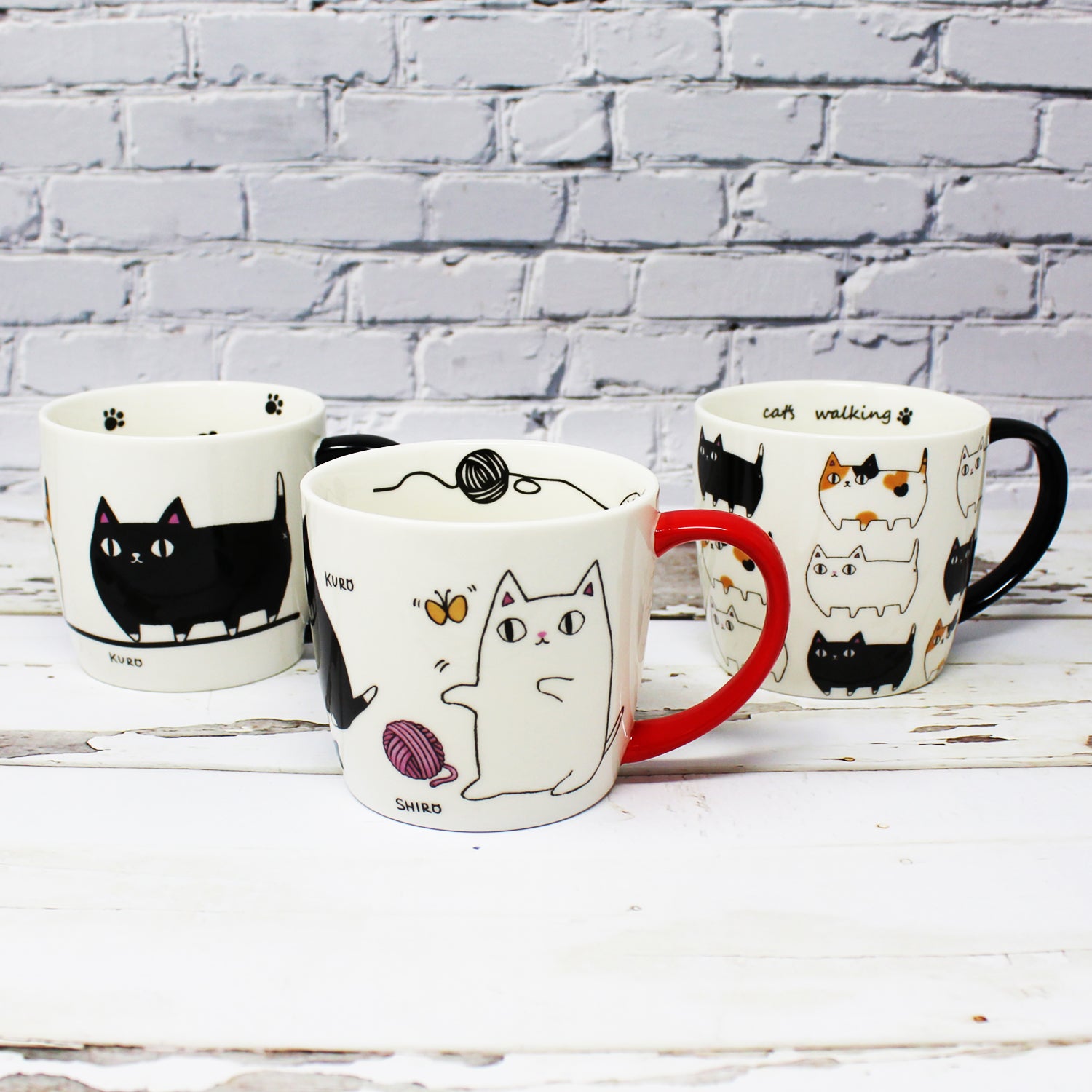 3 Cat Brothers porcelain mug featuring Kuro, Shiro, and Mike – Japanese Nyan-ya Series