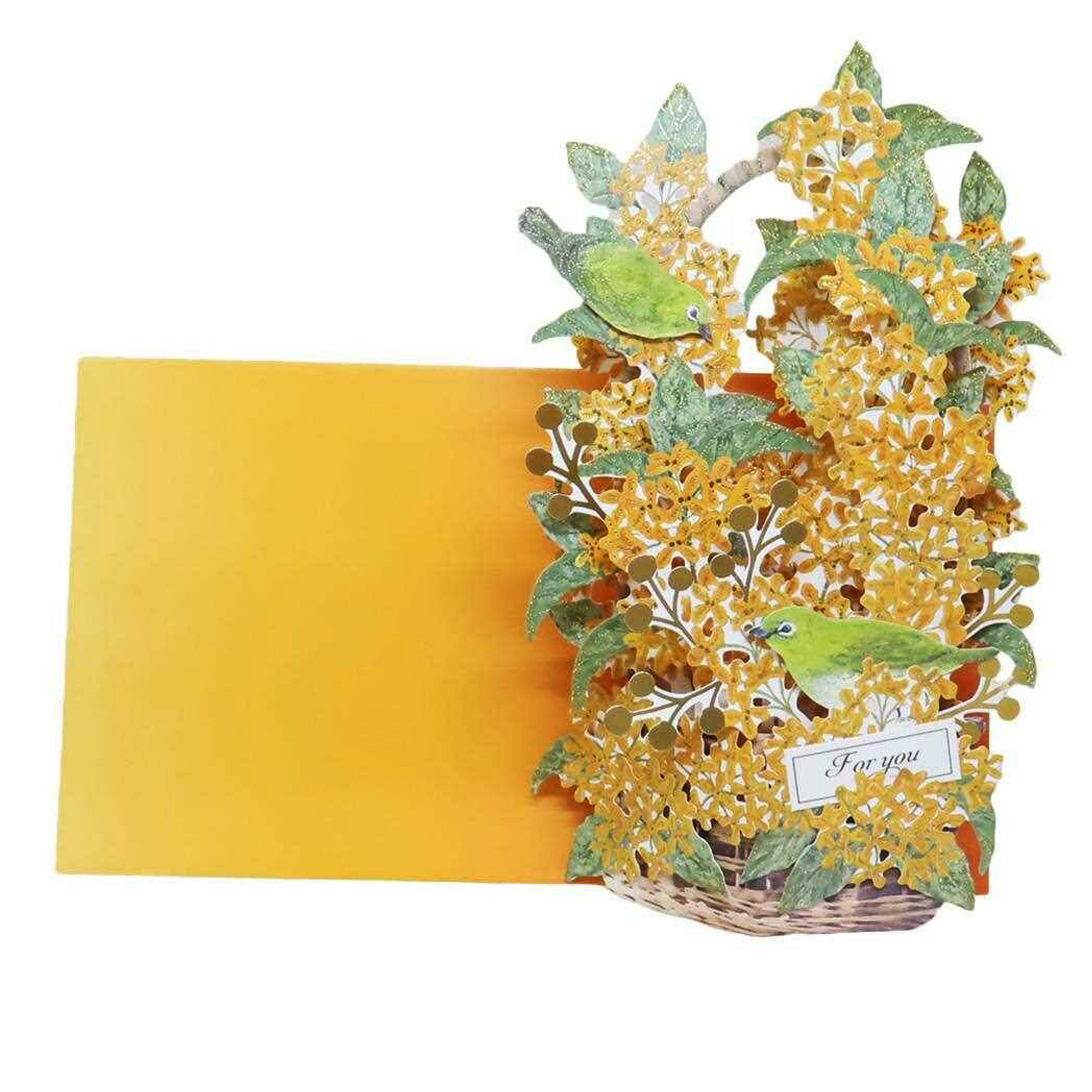 Greeting card with yellow floral design and green birds with yellow envelope