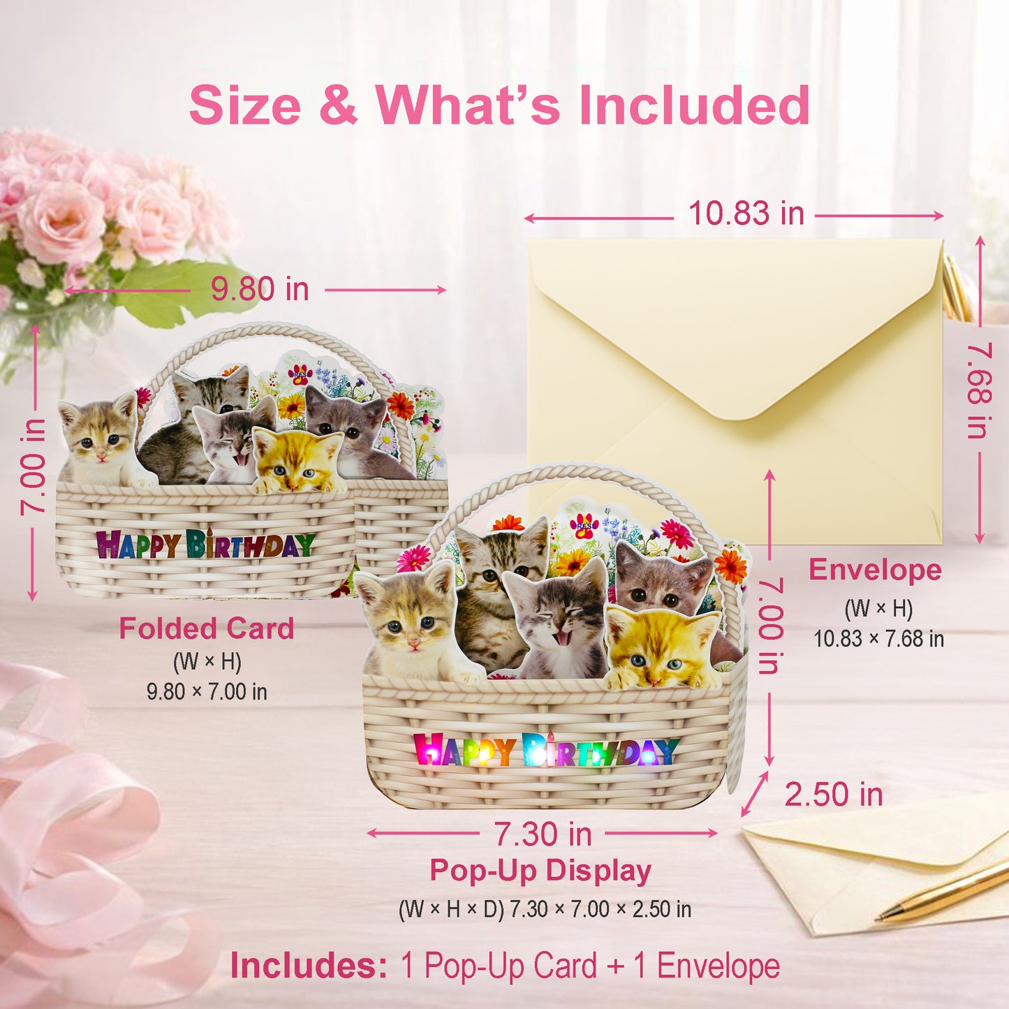 Kittens in Flower Basket Pop-Up Birthday Card with Lights & Dual Melodies (Meow & Violin) by Miss Girlie Girl