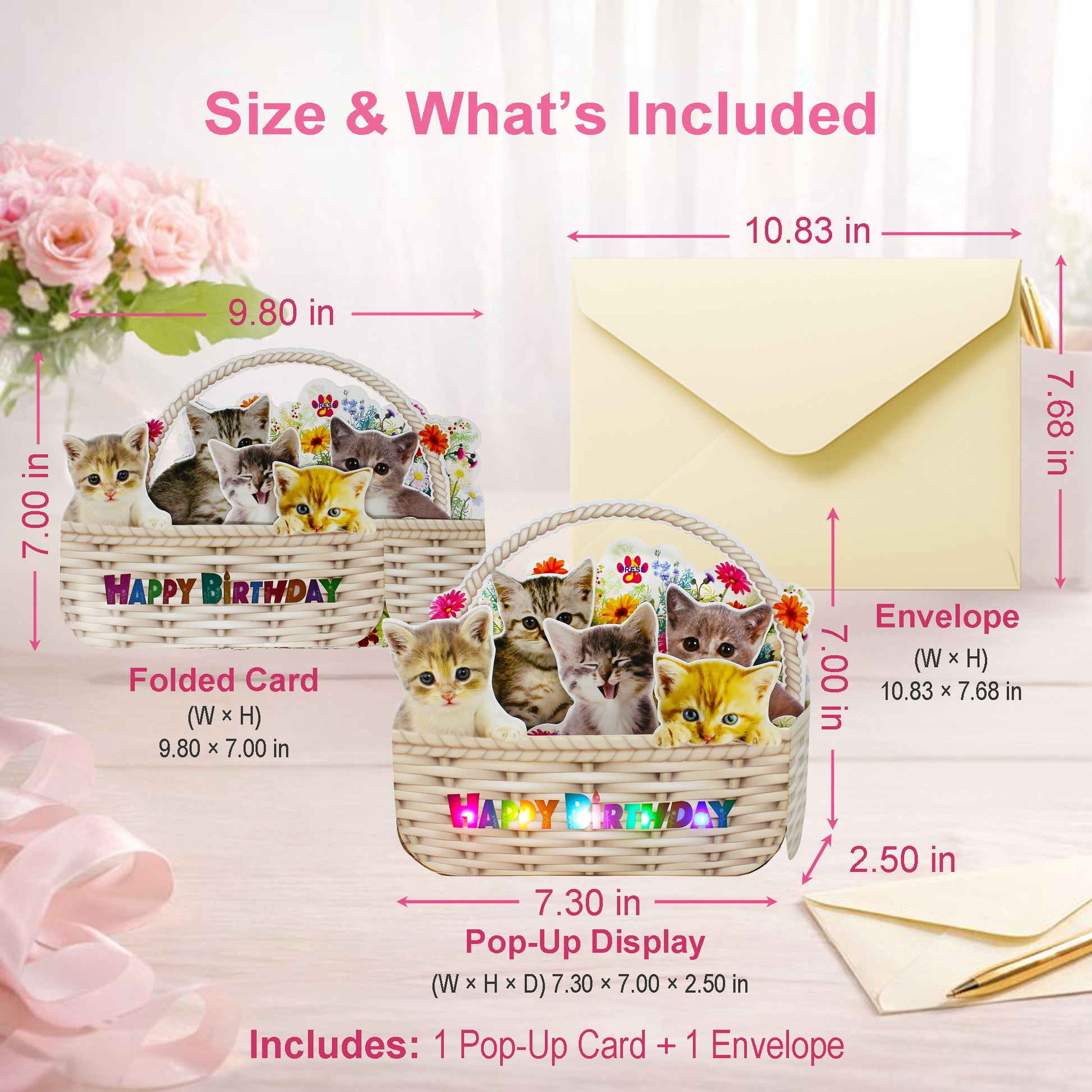 Kittens in Flower Basket Pop-Up Birthday Card with Lights & Dual Melodies (Meow & Violin) by Miss Girlie Girl
