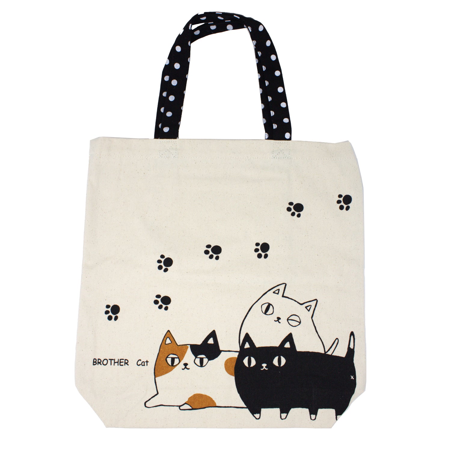 3 Cat Brothers canvas tote bag featuring SHIRO, KURO, and Mike printed on beige cotton with black polka dot handles