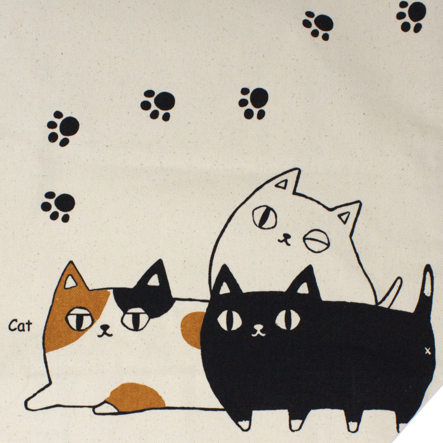 Close-up of SHIRO the white cat, KURO the black cat, and Mike the calico cat from Nyan-ya series on canvas tote bag