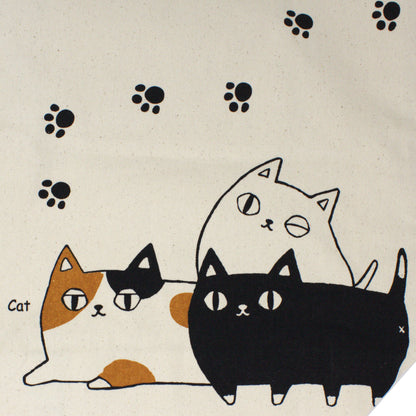 Close-up of SHIRO the white cat, KURO the black cat, and Mike the calico cat from Nyan-ya series on canvas tote bag