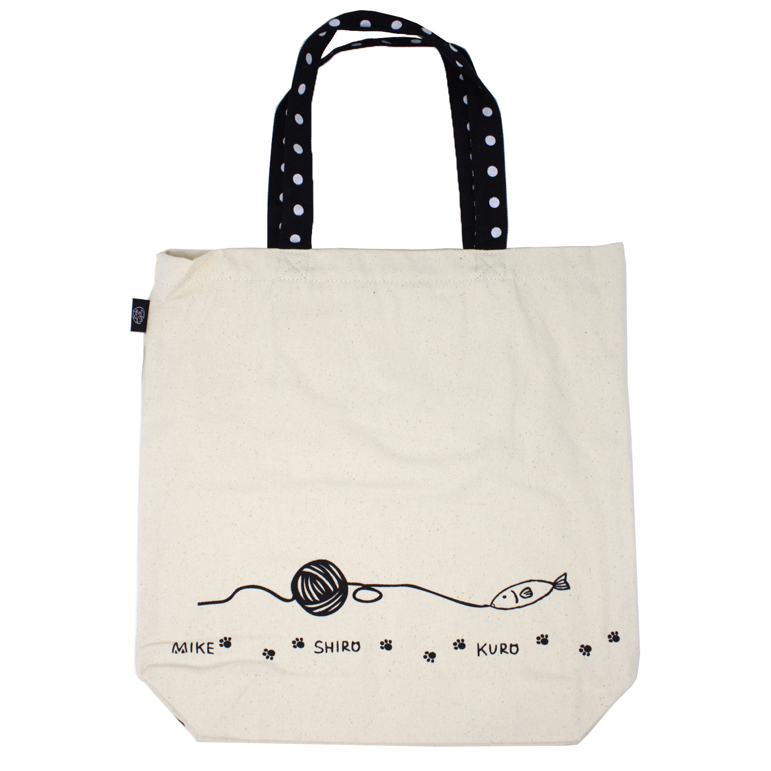 Back of canvas tote bag showing playful fish and yarn design from Nyan-ya series