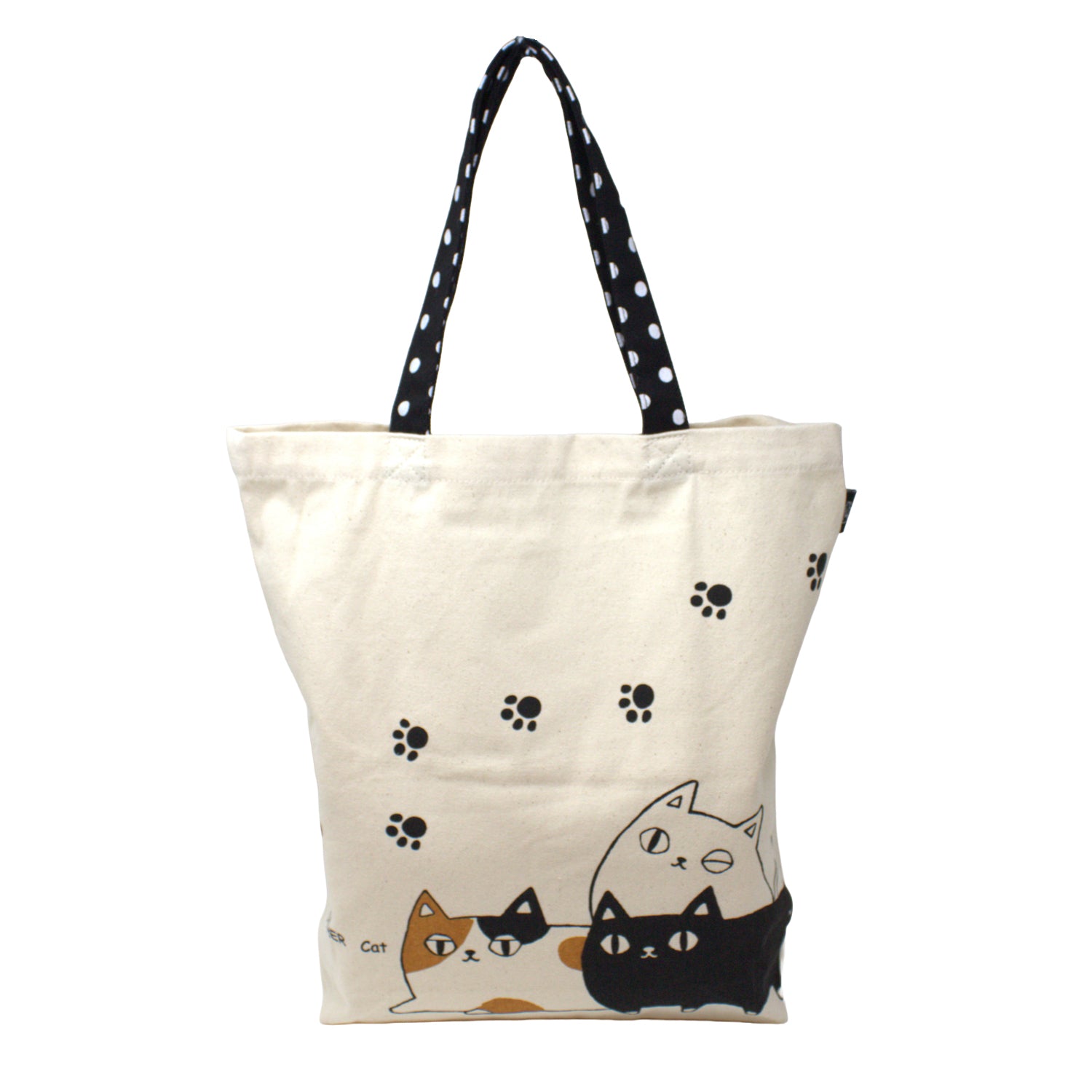3 Cat Brothers canvas tote bag featuring SHIRO, KURO, and Mike printed on beige cotton with black polka dot handles
