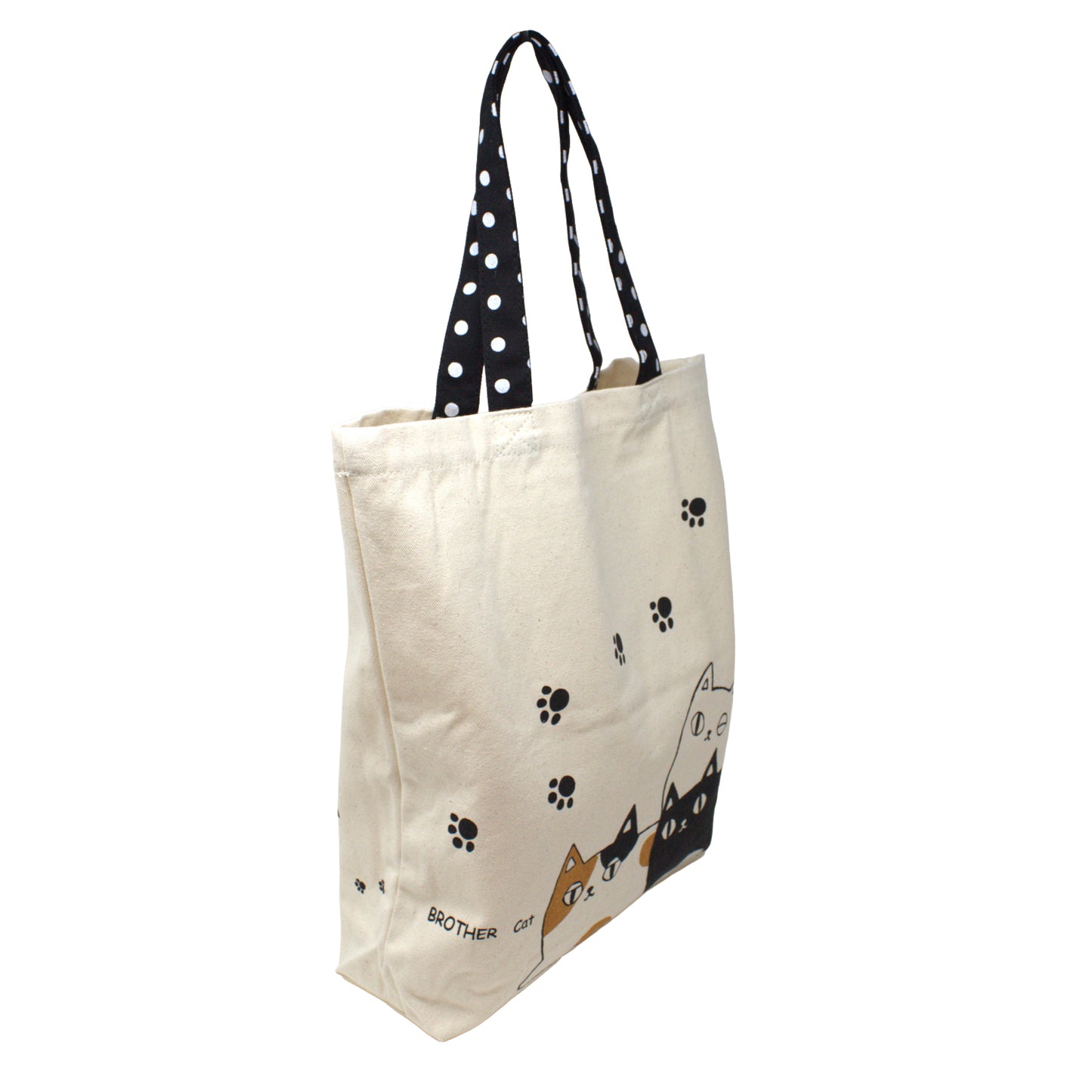 Model carrying 3 Cat Brothers Nyan-ya canvas tote bag to show size and everyday use