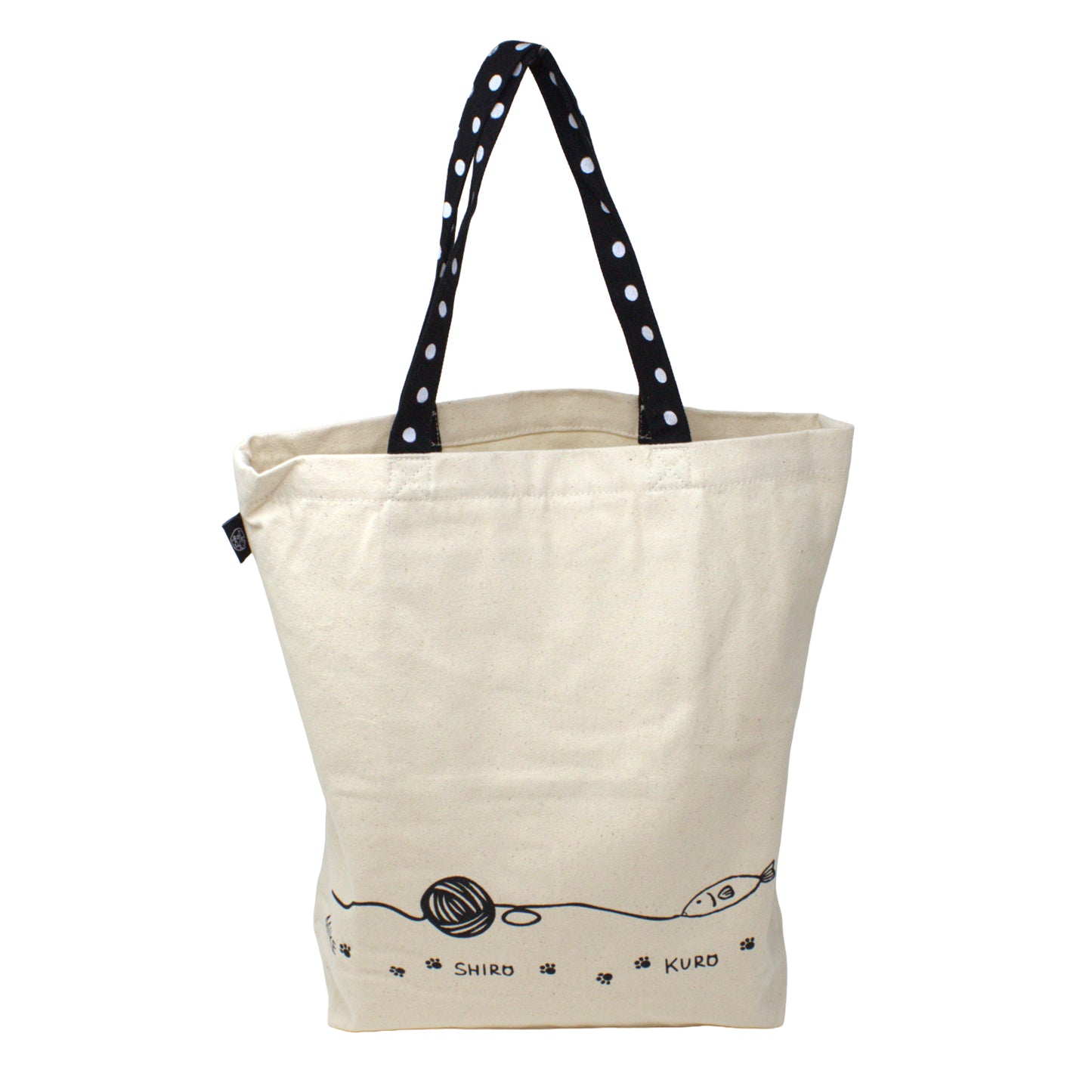 Back of canvas tote bag showing playful fish and yarn design from Nyan-ya series