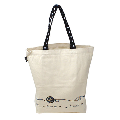 Back of canvas tote bag showing playful fish and yarn design from Nyan-ya series